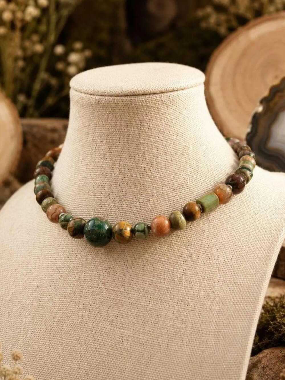 Agate & Wood Beaded Choker, Multi Stone Goblincore Choker, Earthy Boho Choker